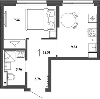 Планировка 1-к, 28,51 м² в ЖК Страна.Энтузиастов